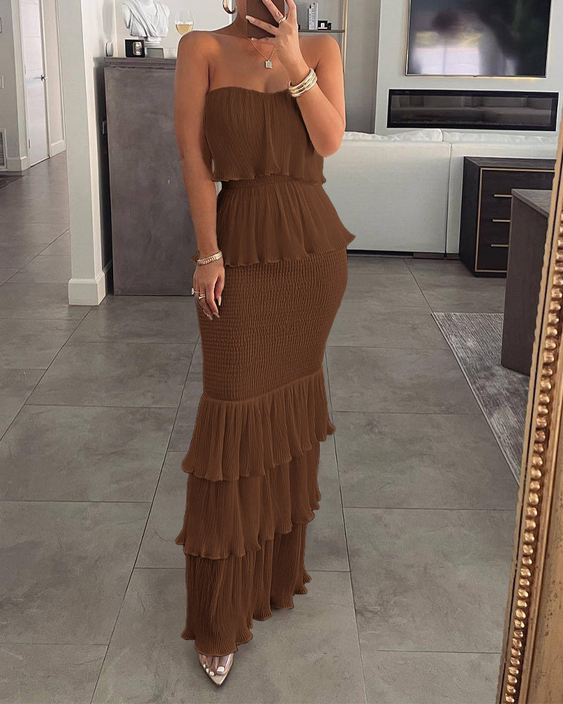 Layered Ruffle Shirred Slim Fit Strapless Dress Textured Maxi Party Dress