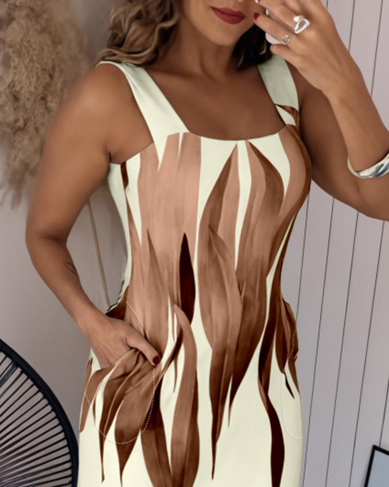 Plants Print Square Neck Thick Strap Maxi Dress Casual Slim Fit Side Slit Vacation Dress with Pockets