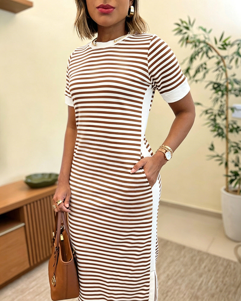 CHICME ESSENCE Women's Striped Colorblock Midi T-Shirt Dress Casual Crew Neck Waist-Cinching Slit Dress with Pockets