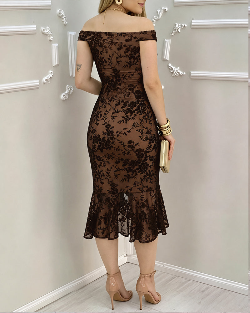 Women's Flock Floral Mesh Dress Off Shoulder Ruffle Hem Bodycon Dress Slit Evening Party Mermaid Gown