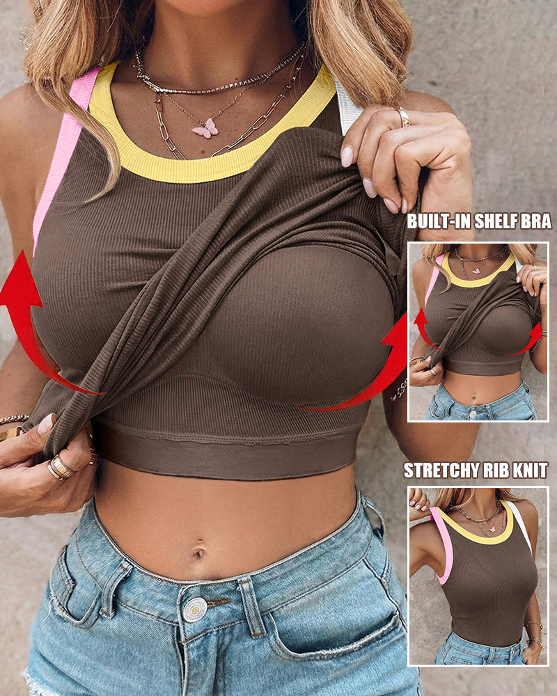 Women's Contrast Binding Tank Top Ribbed Knit Sleeveless Scoop Neck Slim Fit Camisole Top with Built-in Bra