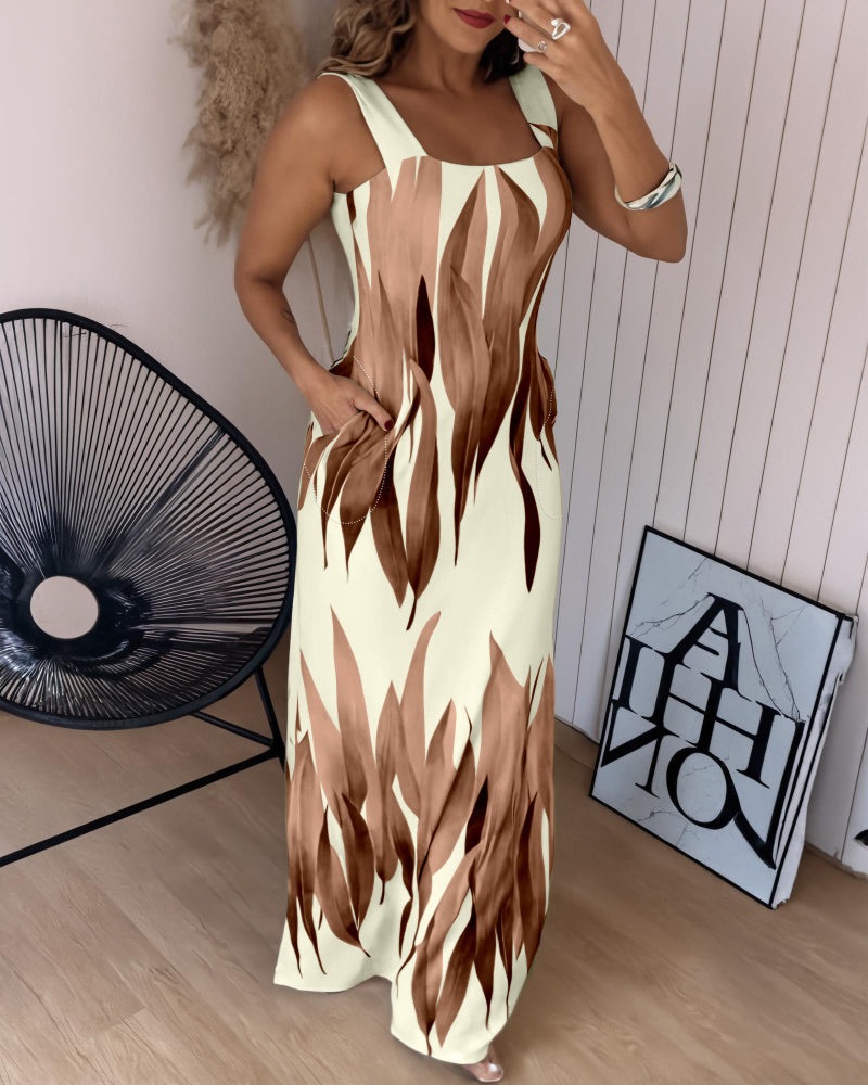 Plants Print Square Neck Thick Strap Maxi Dress Casual Slim Fit Side Slit Vacation Dress with Pockets