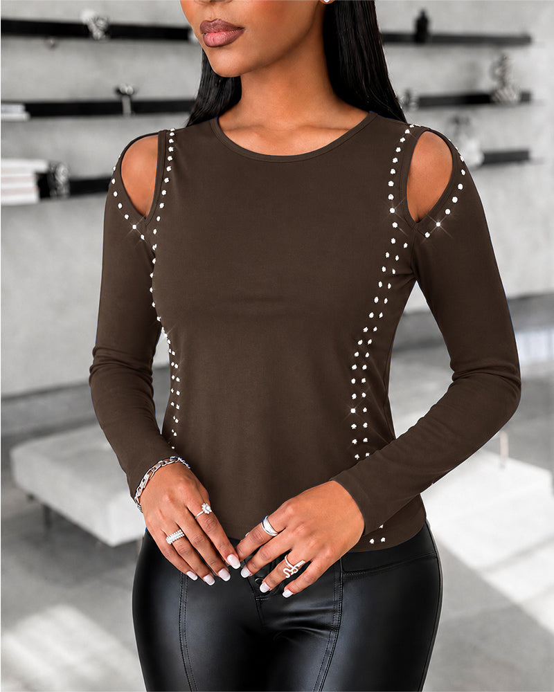 Women's Long Sleeve Top Sparkly Rhinestone Cutout Tee Slim Fit Round Neck T-Shirt