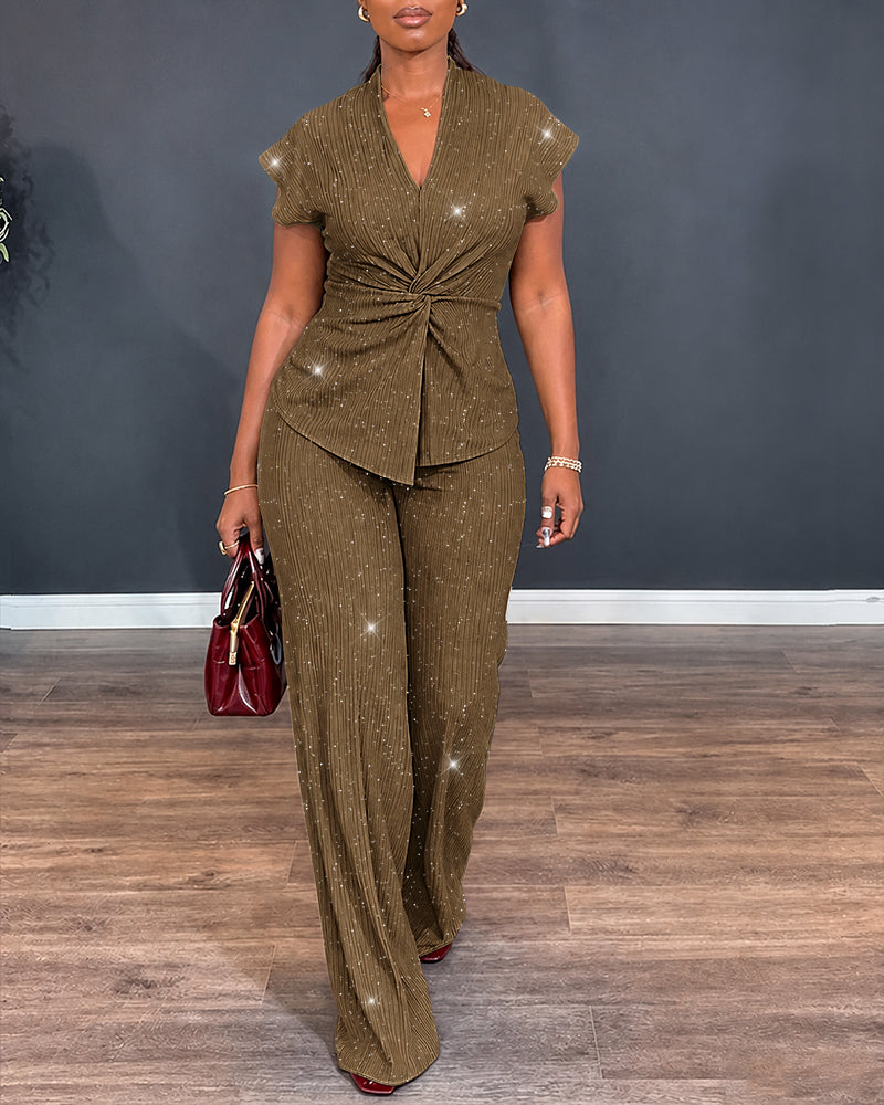 Women's Glitter Textured 2 Piece Outfits V Neck Twist Cap Sleeve Slit Top and High Waist Straight Leg Pants Set