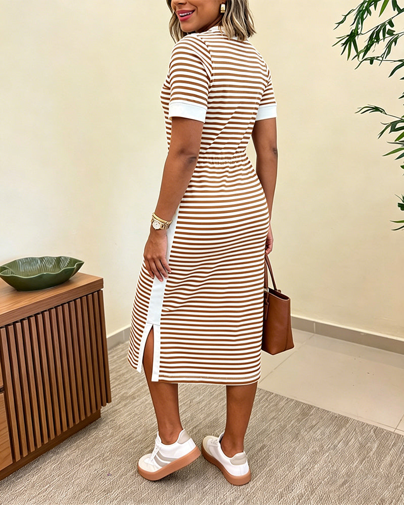 CHICME ESSENCE Women's Striped Colorblock Midi T-Shirt Dress Casual Crew Neck Waist-Cinching Slit Dress with Pockets