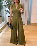 Women's Lapel V Neck Jumpsuit Cap Sleeve High Waisted Wide Leg Overalls Elegant Suit Jumpsuit