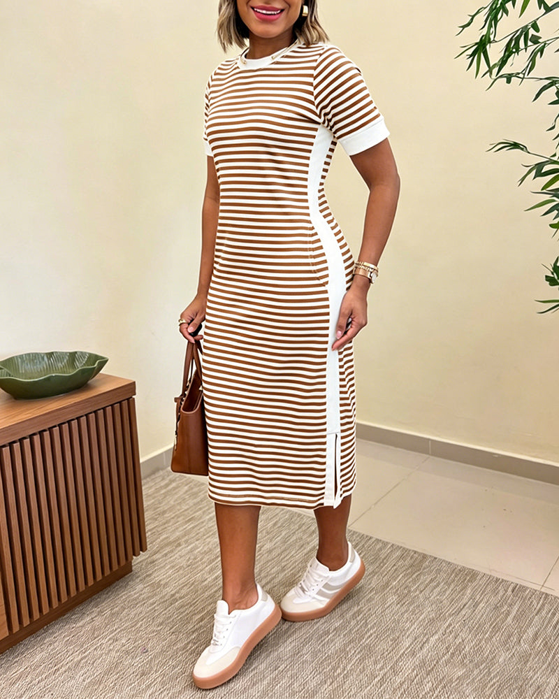CHICME ESSENCE Women's Striped Colorblock Midi T-Shirt Dress Casual Crew Neck Waist-Cinching Slit Dress with Pockets