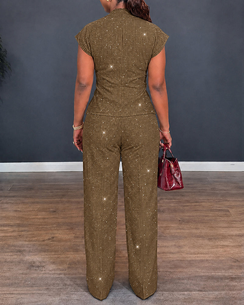 Women's Glitter Textured 2 Piece Outfits V Neck Twist Cap Sleeve Slit Top and High Waist Straight Leg Pants Set