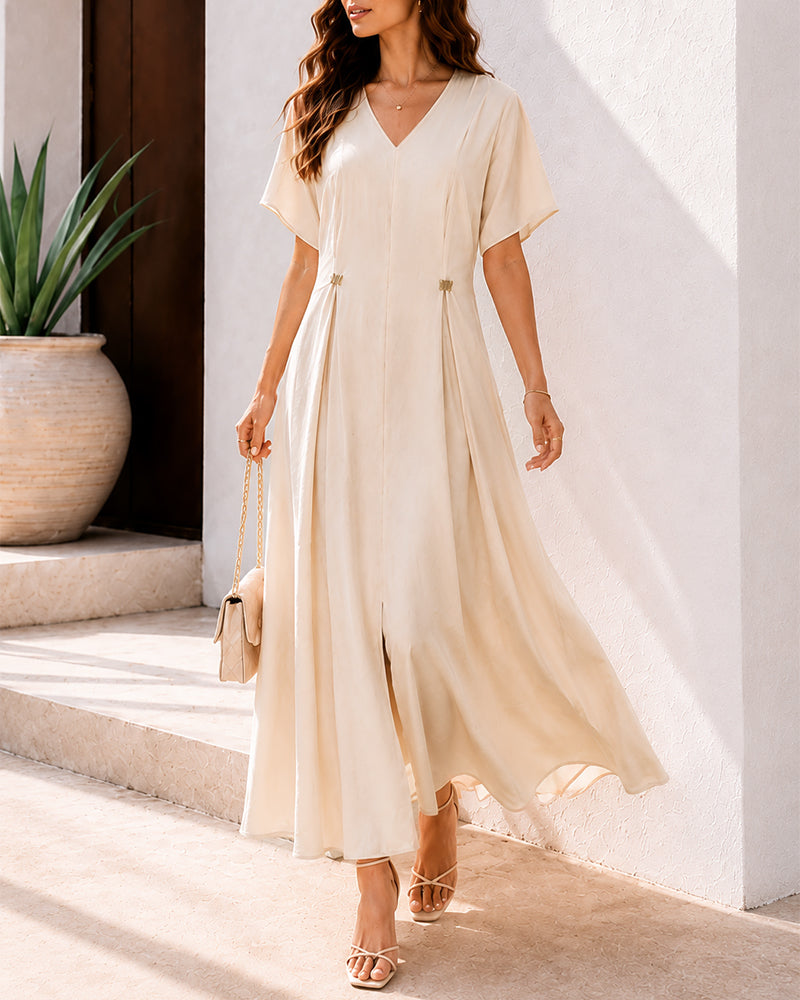 Women's Elegant V Neck Maxi Dress Casual Batwing Sleeve Pleated Long Dress Front Slit Shirred Vacation Dress