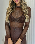 Women's Rhinestone Mock Neck Mesh Top Sexy Sheer Long Sleeve See Through Tee Sparkly Party Nightclub Top