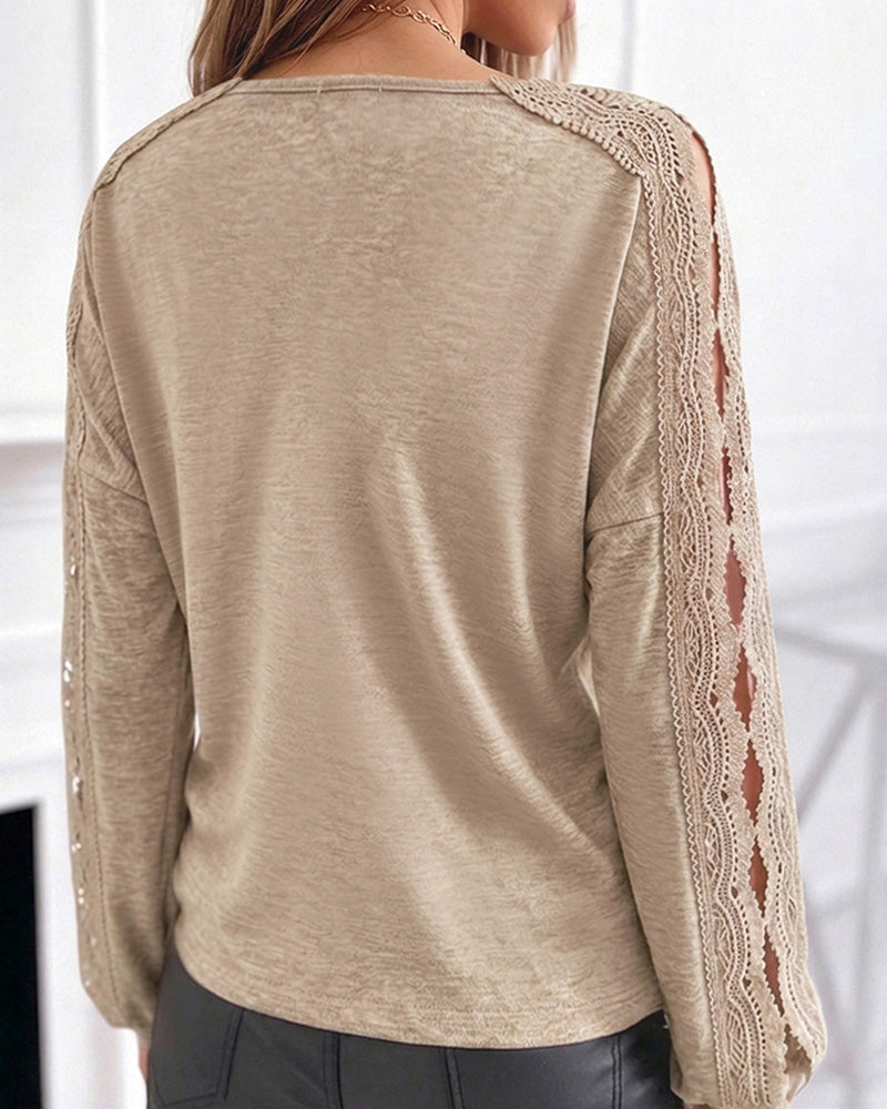 Women's Lace Patchwork V-Neck Top Hollow Out Drop Shoulder Long Sleeve Knit Pullover Elegant Loose Fit Casual Tee