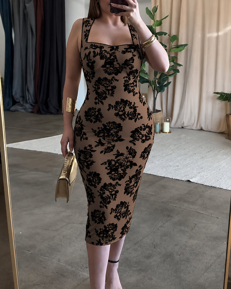 Women's Vintage Flocking Rose Midi Dress Square Neck Sleeveless Bodycon Dress Elegant Club Party Gown