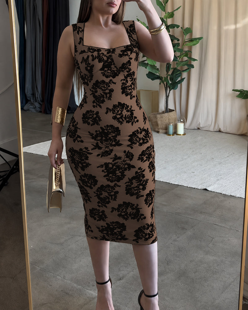 Women's Vintage Flocking Rose Midi Dress Square Neck Sleeveless Bodycon Dress Elegant Club Party Gown