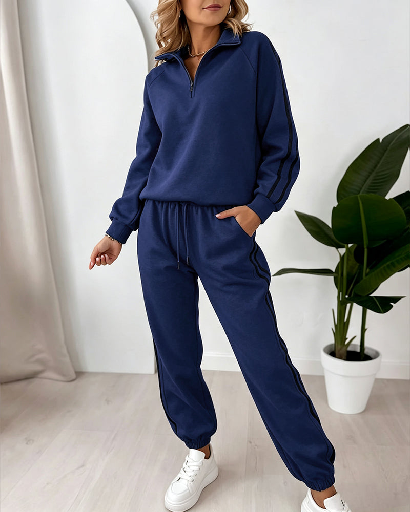 Women's Contrast Side Stripe Two Piece Sweatsuit Half Zip Sweatshirt and High Waisted Joggers Set Casual Tracksuit