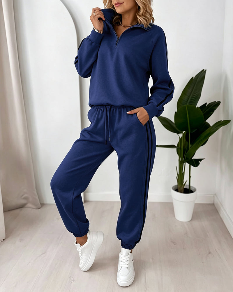 Women's Contrast Side Stripe Two Piece Sweatsuit Half Zip Sweatshirt and High Waisted Joggers Set Casual Tracksuit