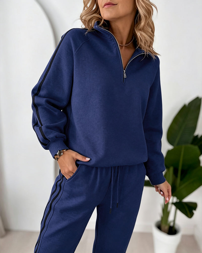 Women's Contrast Side Stripe Two Piece Sweatsuit Half Zip Sweatshirt and High Waisted Joggers Set Casual Tracksuit