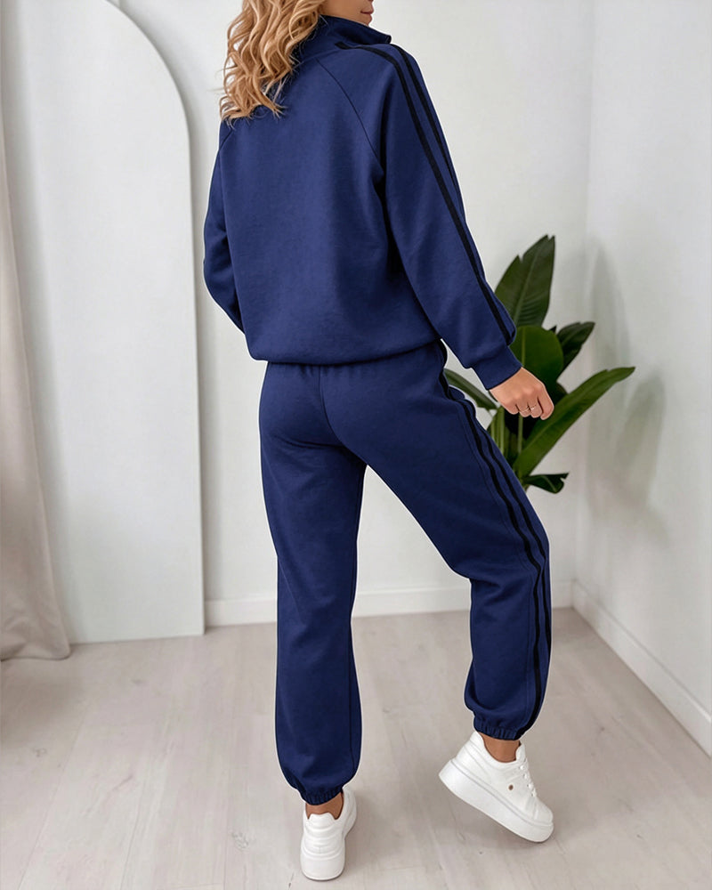 Women's Contrast Side Stripe Two Piece Sweatsuit Half Zip Sweatshirt and High Waisted Joggers Set Casual Tracksuit