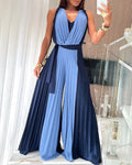 Colorblock Sleeveless Criss Cross Plunge V Neck Jumpsuit Casual Waist Tied Detail Pleated Romper