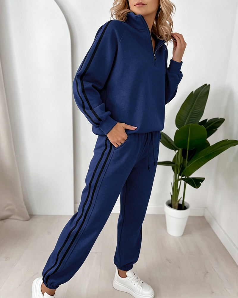 Women's Contrast Side Stripe Two Piece Sweatsuit Half Zip Sweatshirt and High Waisted Joggers Set Casual Tracksuit