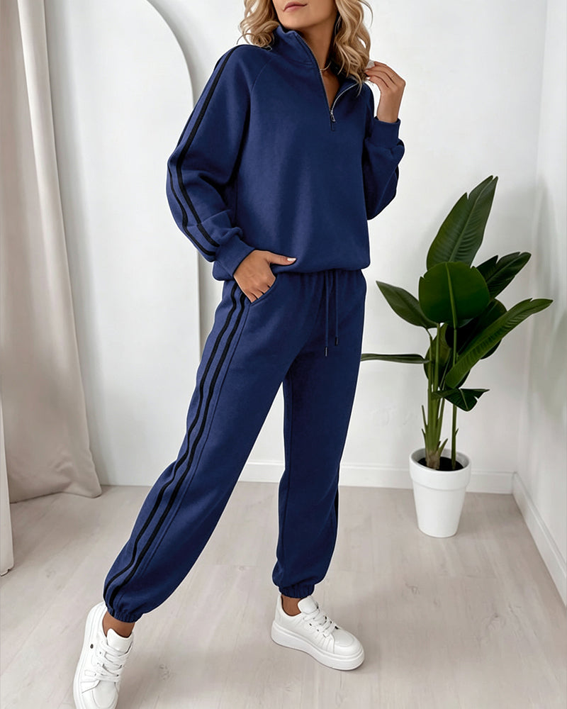 Women's Contrast Side Stripe Two Piece Sweatsuit Half Zip Sweatshirt and High Waisted Joggers Set Casual Tracksuit