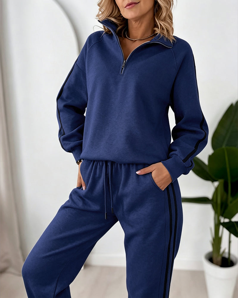 Women's Contrast Side Stripe Two Piece Sweatsuit Half Zip Sweatshirt and High Waisted Joggers Set Casual Tracksuit