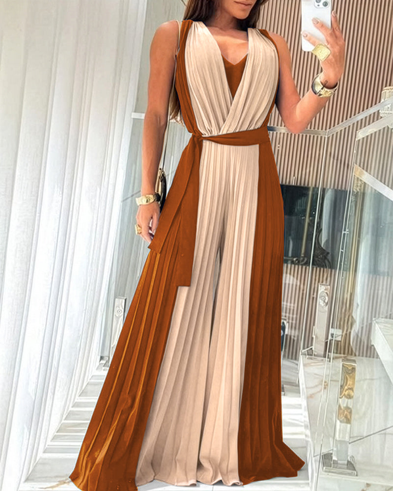 Colorblock Sleeveless Criss Cross Plunge V Neck Jumpsuit Casual Waist Tied Detail Pleated Romper