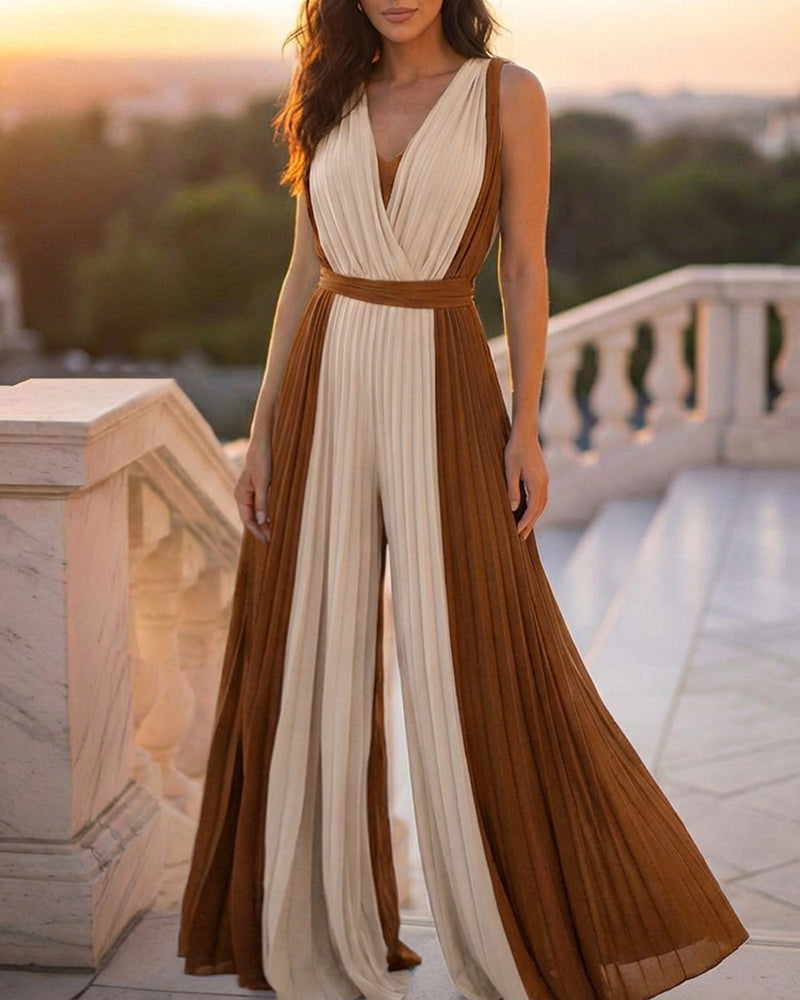 Colorblock Sleeveless Criss Cross Plunge V Neck Jumpsuit Casual Waist Tied Detail Pleated Romper