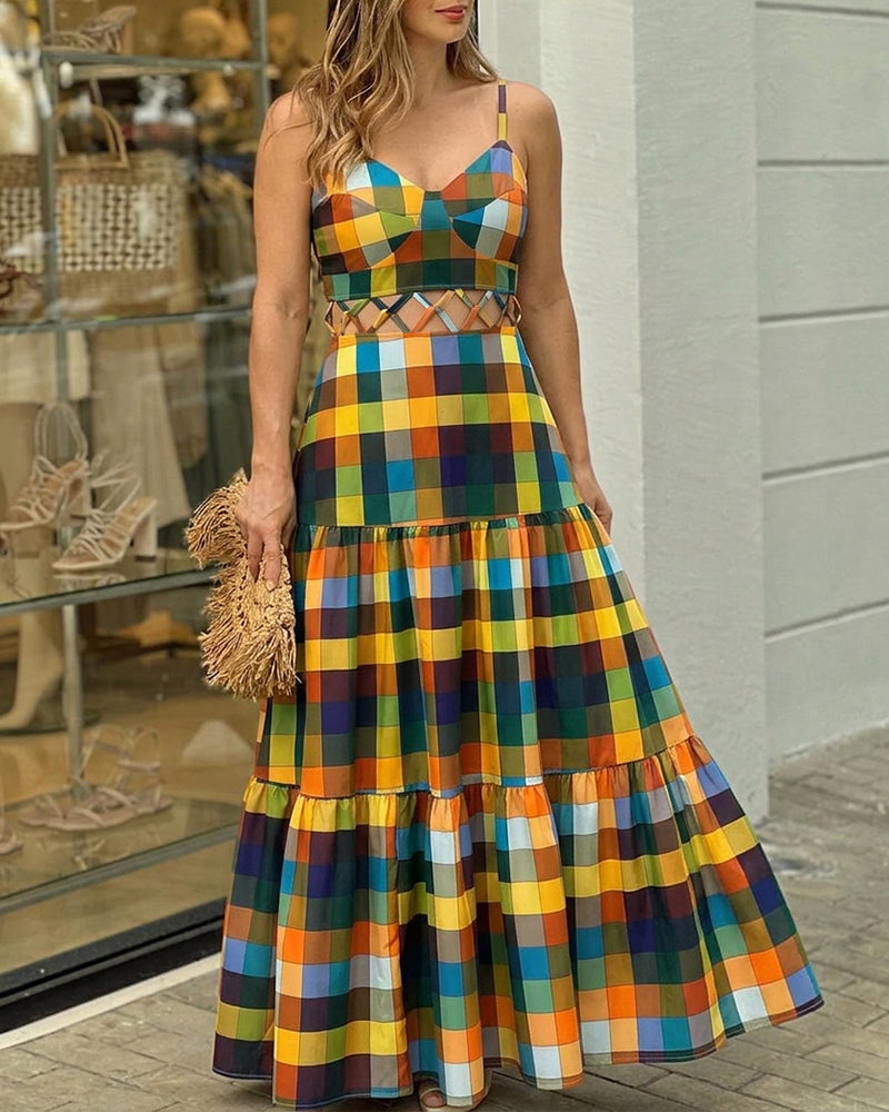 Women's Colorblock Plaid Hollow-out Maxi Dress V Neck Backless Ruffle Cami Dress Casual Shirred Beach Sundress