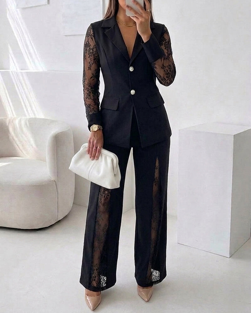 Women's 2 Piece Blazer Suit Set Elegant Lace Patchwork Long Sleeve Coat and High Waisted Straight Leg Pants