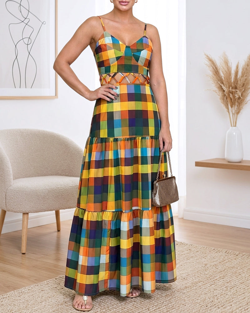 Women's Colorblock Plaid Hollow-out Maxi Dress V Neck Backless Ruffle Cami Dress Casual Shirred Beach Sundress