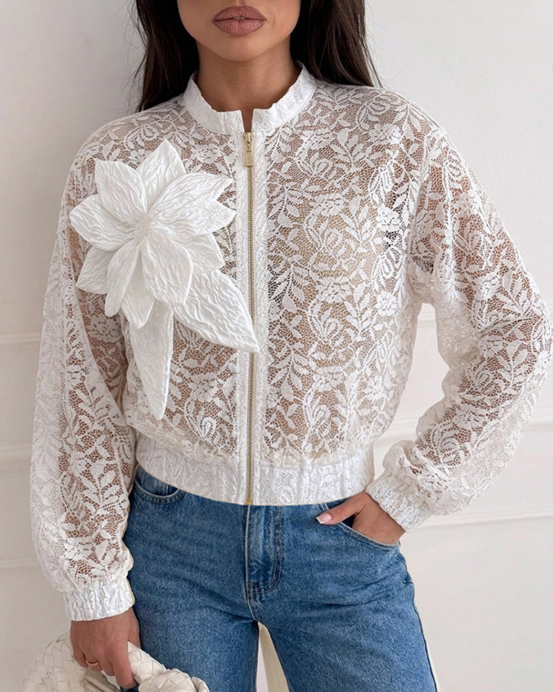 Women's Sheer Lace Bomber Jacket Lightweight Mesh See Through Crop Coat with Detachable 3D Floral
