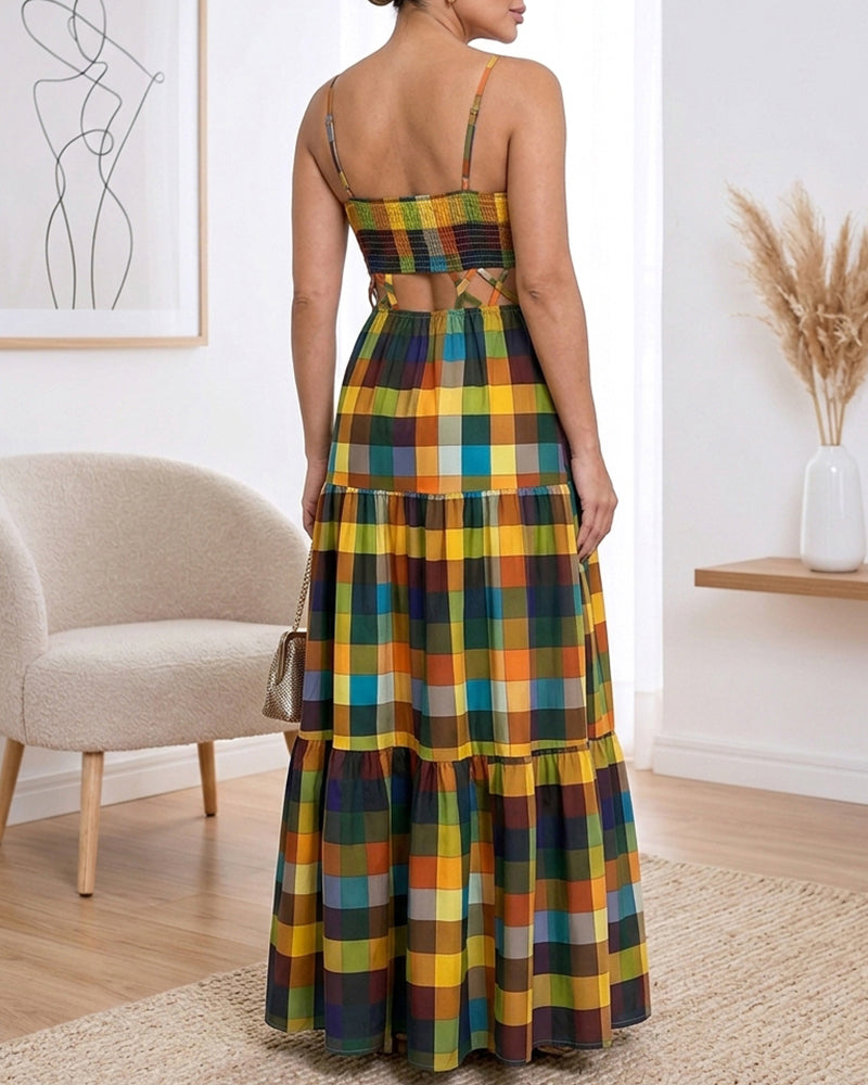 Women's Colorblock Plaid Hollow-out Maxi Dress V Neck Backless Ruffle Cami Dress Casual Shirred Beach Sundress