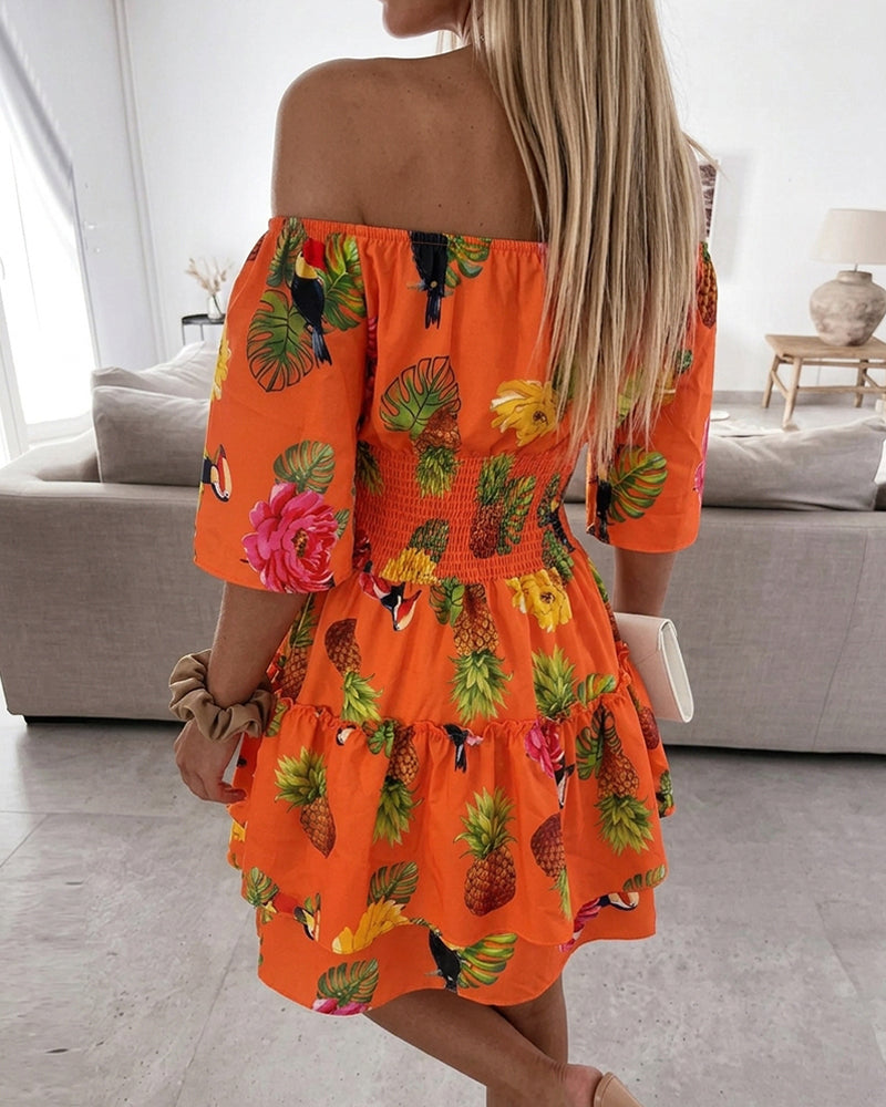 Women's Stretchy Off Shoulder Vacation Dress Tropical Fruit Floral Shirred Waist Ruffle Hem A Line Dress
