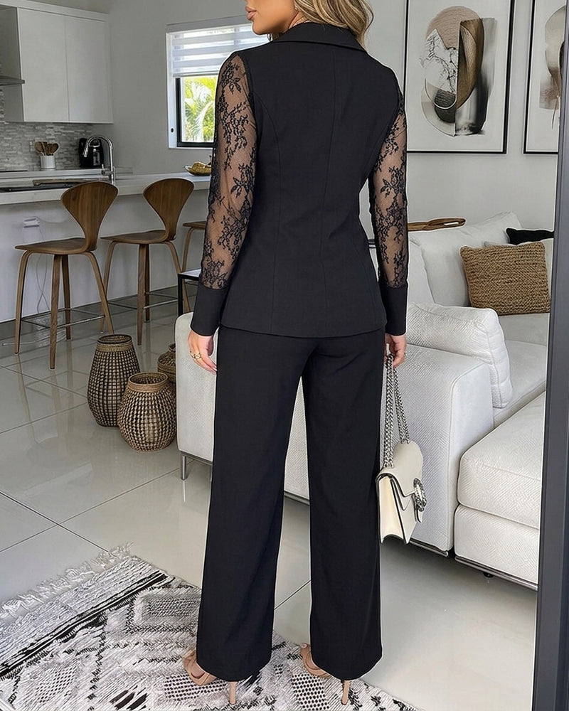 Women's 2 Piece Blazer Suit Set Elegant Lace Patchwork Long Sleeve Coat and High Waisted Straight Leg Pants