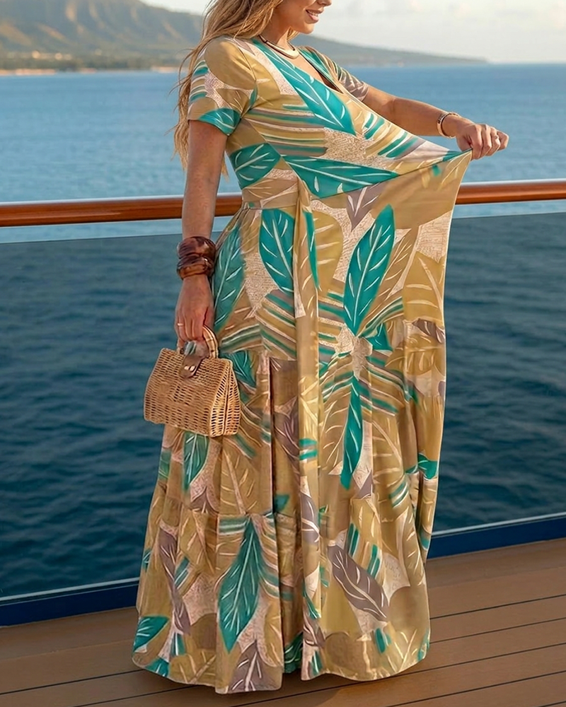 Plants Print V-Neck Short Sleeve Tie Waist Maxi Dress Casual Cinched Waist Ruffle Hem Vacation Dress