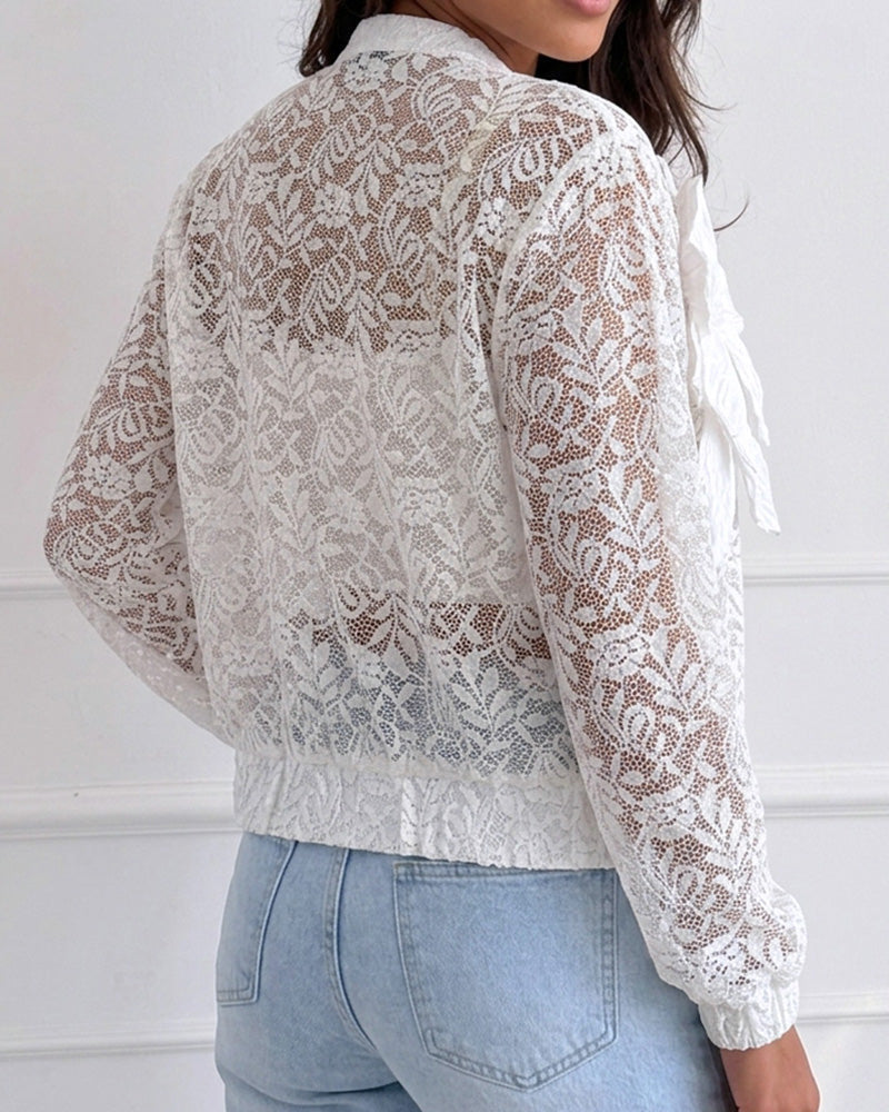Women's Sheer Lace Bomber Jacket Lightweight Mesh See Through Crop Coat with Detachable 3D Floral