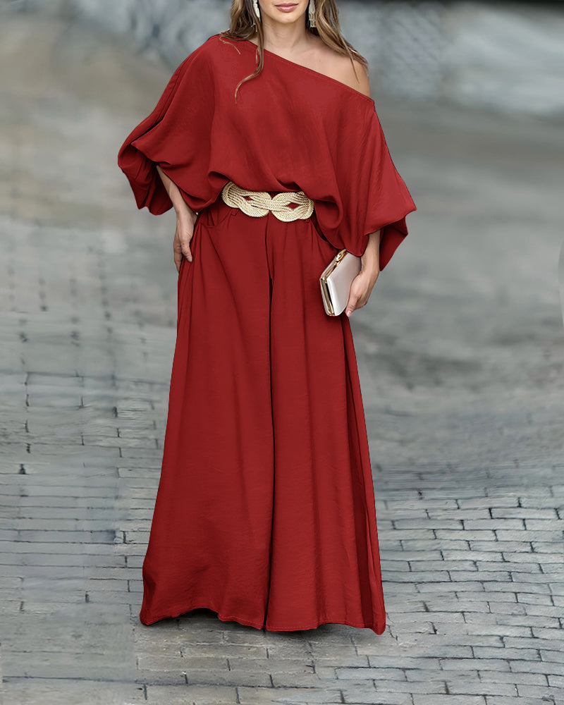 2 Pieces Outfit Turn-down Coll  Long Sleeve Button Front Satin  Shirt and Casual Vintage Floral  Print Elastic Back Waist Wide Leg  Pants Set without Belt