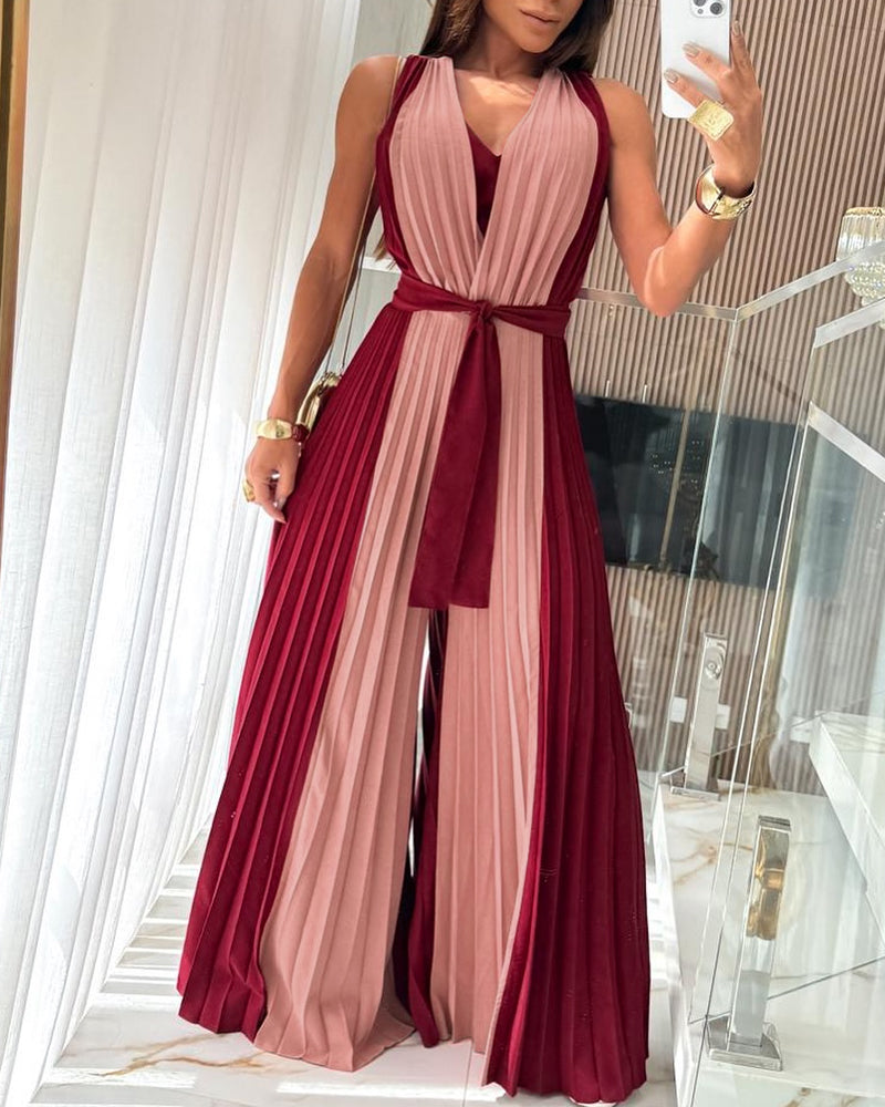 Colorblock Sleeveless Criss Cross Plunge V Neck Jumpsuit Casual Waist Tied Detail Pleated Romper