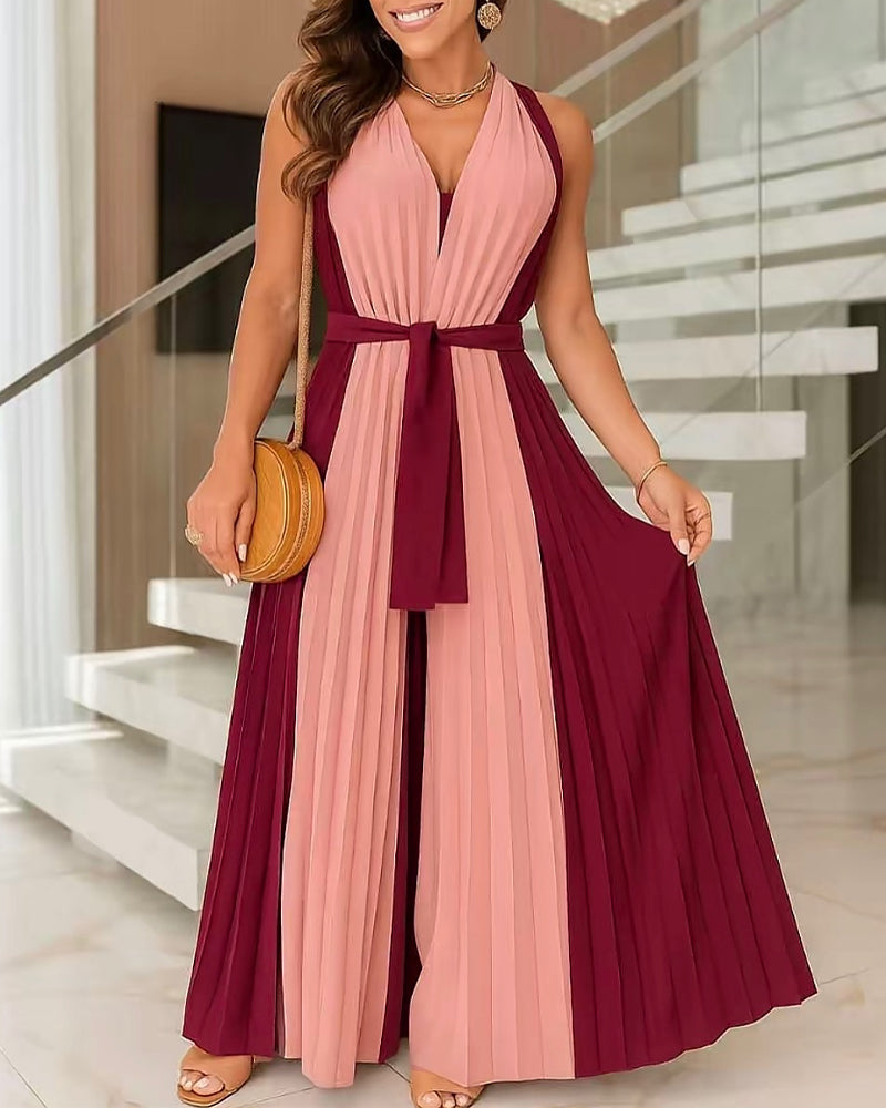 Colorblock Sleeveless Criss Cross Plunge V Neck Jumpsuit Casual Waist Tied Detail Pleated Romper