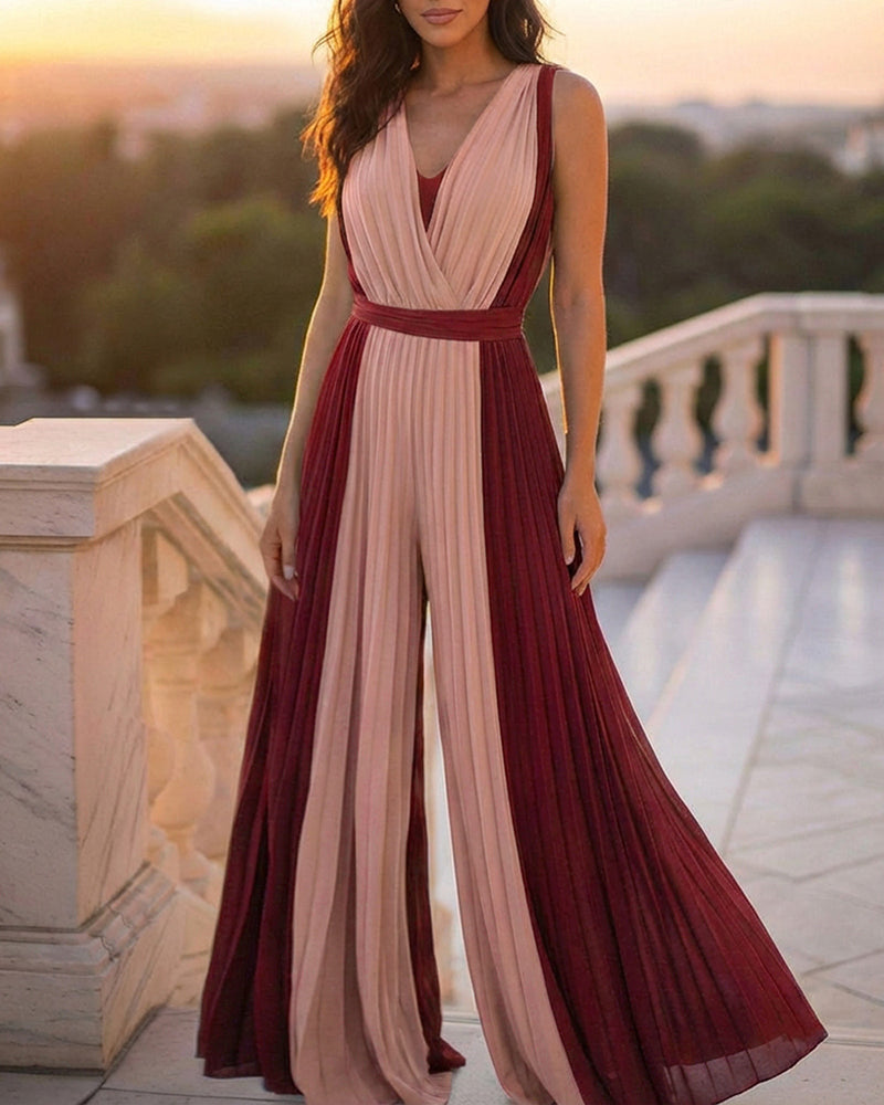 Colorblock Sleeveless Criss Cross Plunge V Neck Jumpsuit Casual Waist Tied Detail Pleated Romper