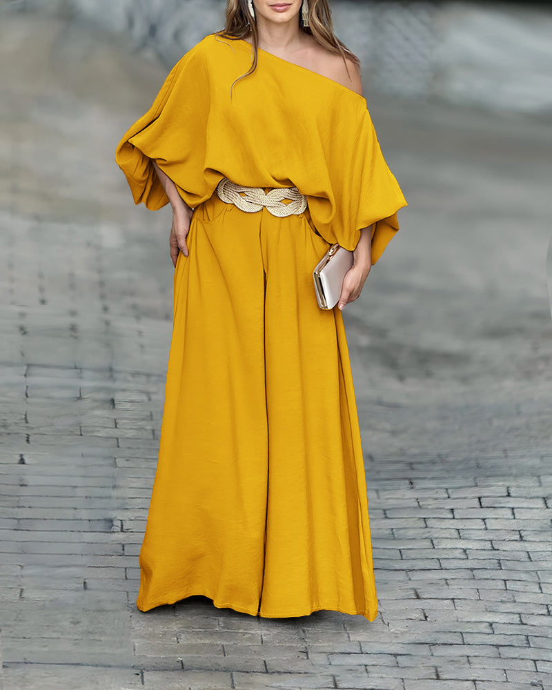 2 Pieces Outfit Turn-down Coll  Long Sleeve Button Front Satin  Shirt and Casual Vintage Floral  Print Elastic Back Waist Wide Leg  Pants Set without Belt