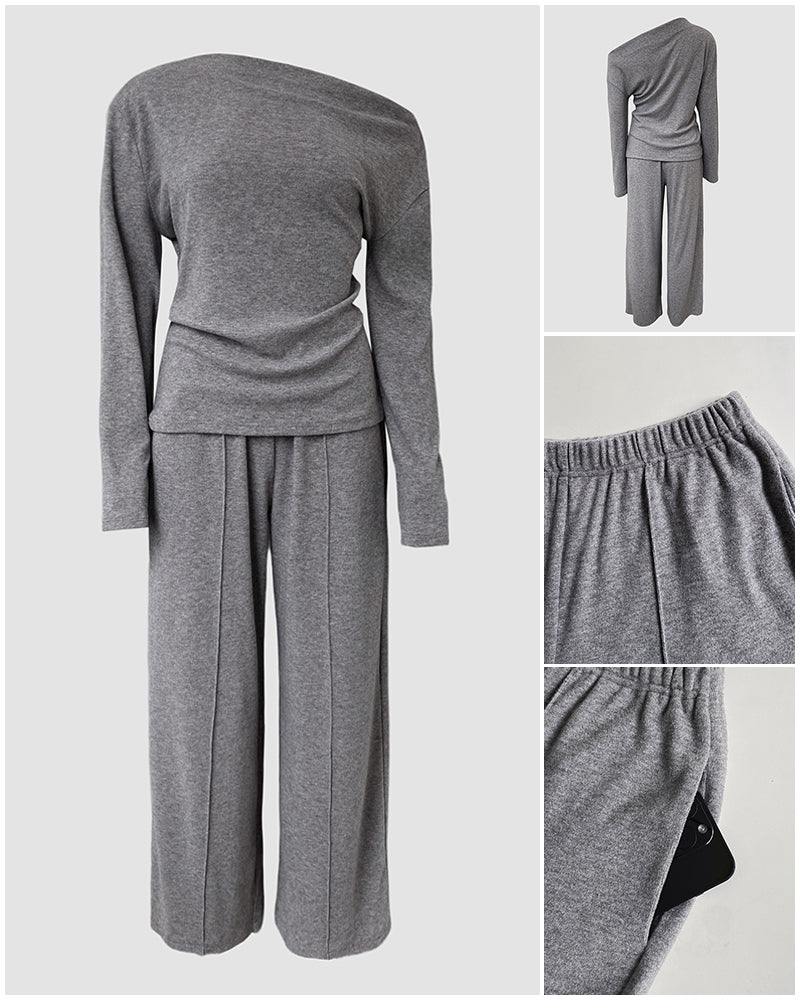 CHICME ESSENCE Women's 2-Piece Knit Set Skew Neck Long Sleeve Slim Fit Top and High-Waist Wide-Leg Pants Casual Soft Ribbed Lounge Set