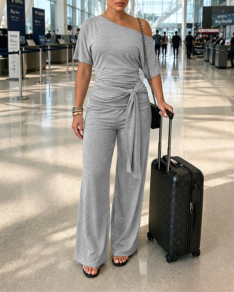 Women's Skew Neck 2 Piece Outfits Ruched Tie Waist Short Sleeve Top and High Waisted Wide Leg Pants Lounge Set