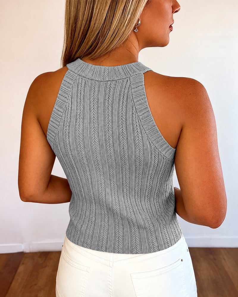 Women's Halter Neck Knit Tank Top Gold Button Cable Knit Vest Sleeveless Slim Fit Ribbed Top