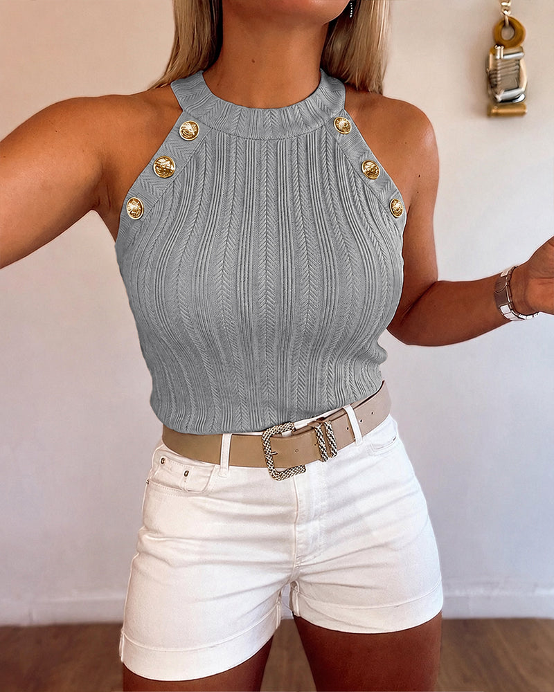Women's Halter Neck Knit Tank Top Gold Button Cable Knit Vest Sleeveless Slim Fit Ribbed Top