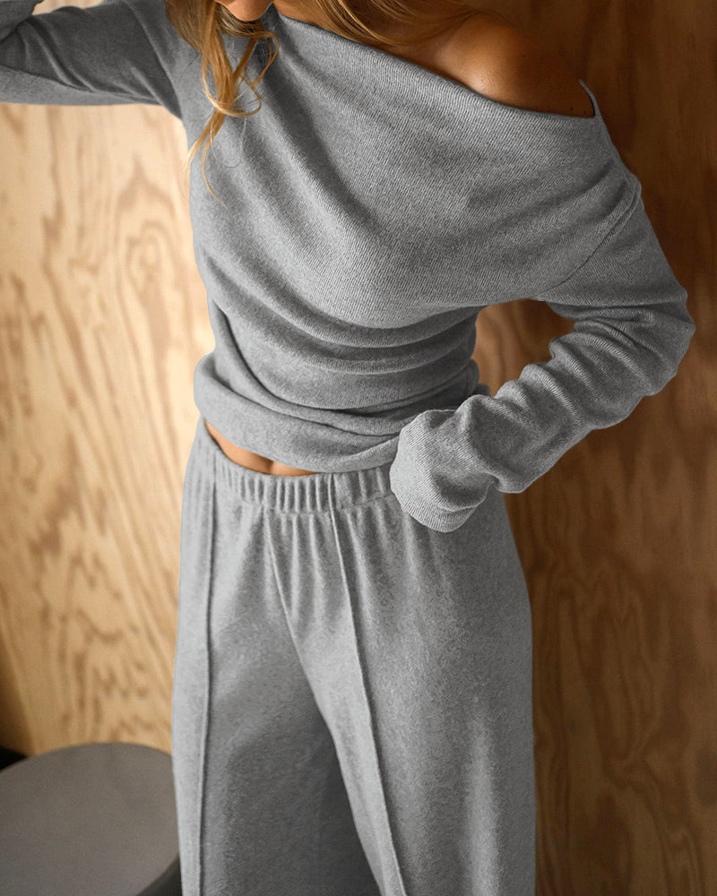 CHICME ESSENCE Women's 2-Piece Knit Set Skew Neck Long Sleeve Slim Fit Top and High-Waist Wide-Leg Pants Casual Soft Ribbed Lounge Set