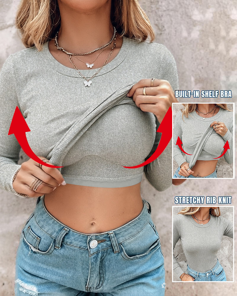 Women's Crewneck Long Sleeve Ribbed Knit Top Slim Fit Base Layer Shirt Soft Stretchy Casual Tee with Built-in Bra