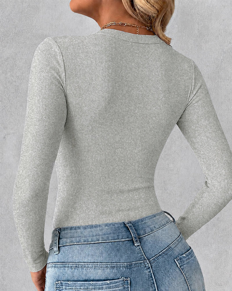 Women's Crewneck Long Sleeve Ribbed Knit Top Slim Fit Base Layer Shirt Soft Stretchy Casual Tee with Built-in Bra