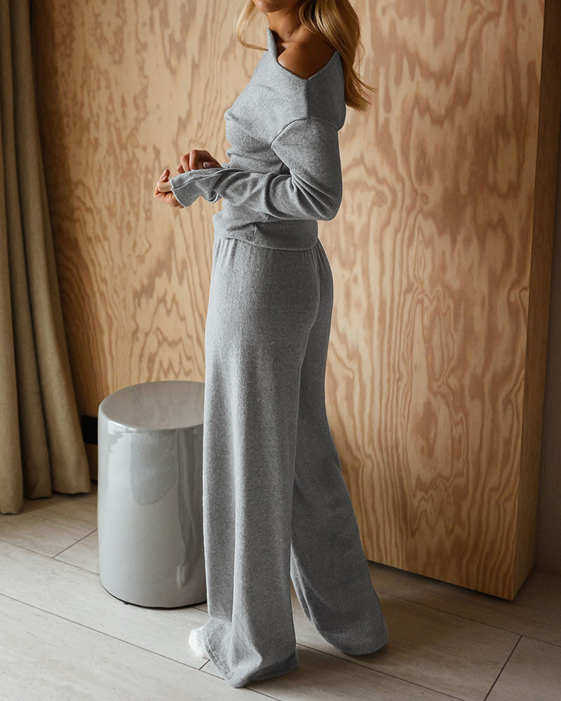 CHICME ESSENCE Women's 2-Piece Knit Set Skew Neck Long Sleeve Slim Fit Top and High-Waist Wide-Leg Pants Casual Soft Ribbed Lounge Set