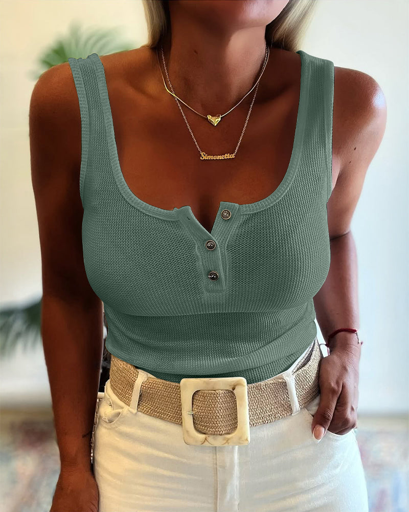 U-Neck Sleeveless Half Button Front Tank Slim Fit Backless Knit Waffle Tank Top